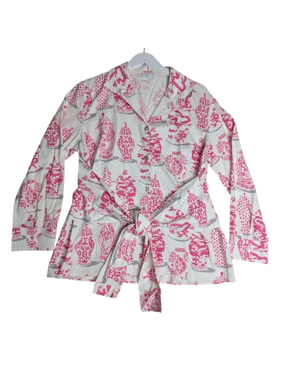 Patty Kim Sash Tie Blouse XL Chinoiserie Pink & White Button Front Minimalist Lu - Picture 9 of 11